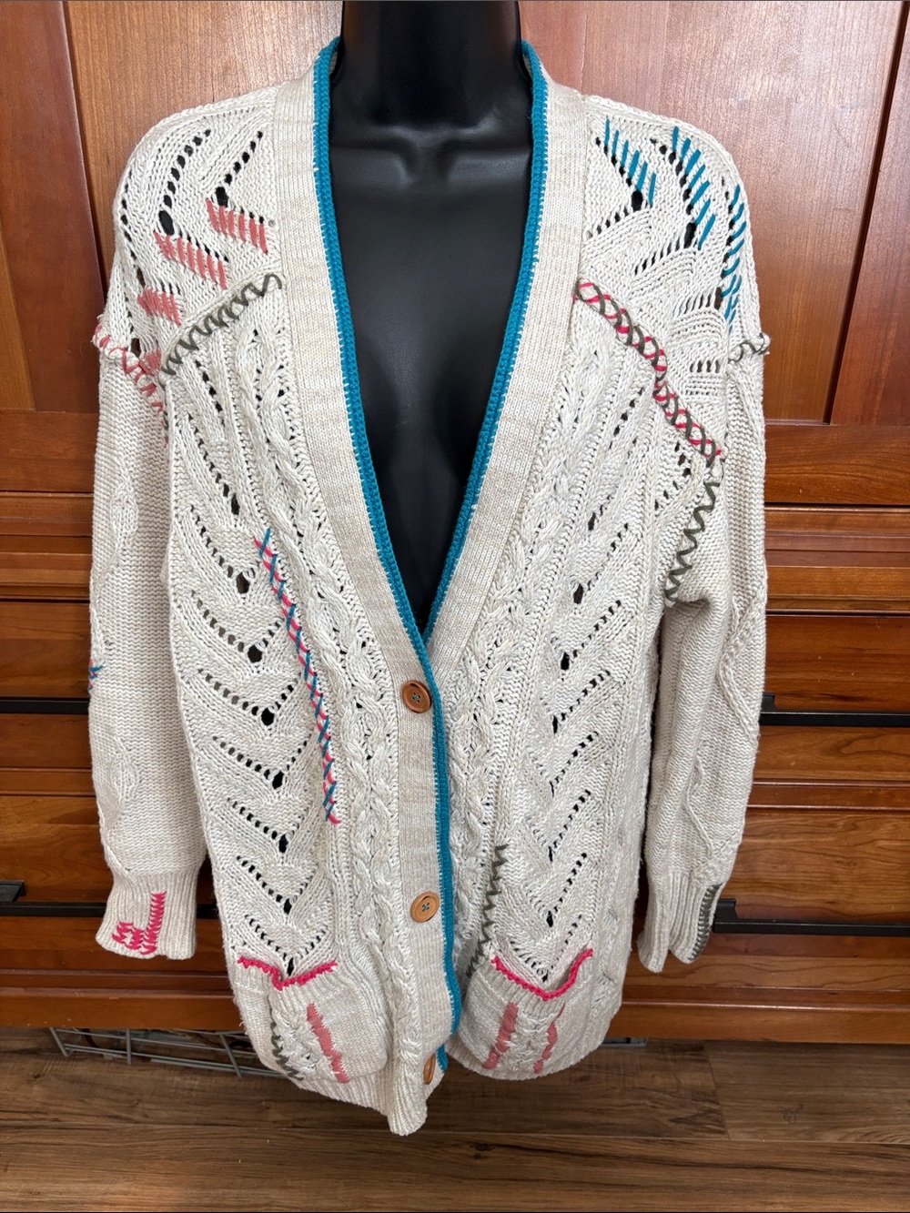 Sundance Cream Open-Knit Cardigan with Teal Trim wool blend